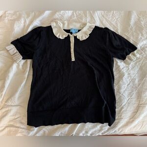 CeCe Black Ruffled Short Sleeve Blouse with Peter Pan Collar